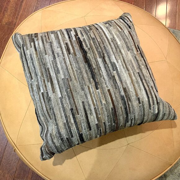 LOLOI 22" Gray & Brown Pony Hair Leather Throw Pillow with Feather Insert NEW - Picture 1 of 7